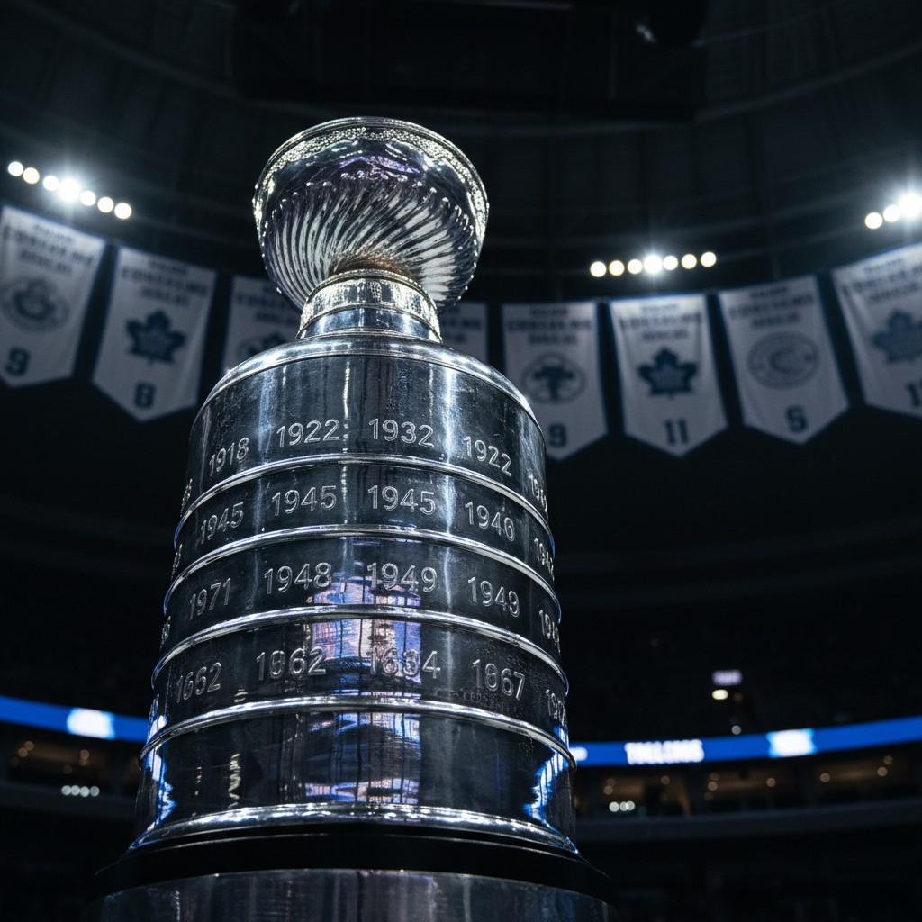The image is a close-up photograph of the Stanley Cup, featuring engraved dates commemorating past winners. The photograph...